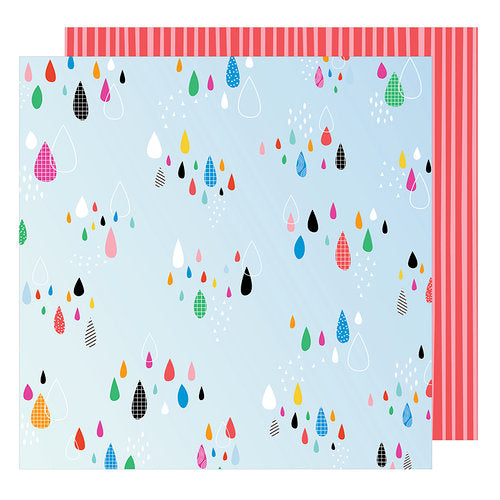 Colorful raindrop pattern on a blue background with a red and pink striped border