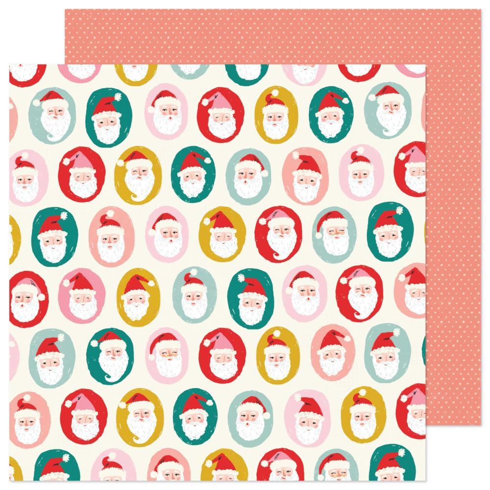 Patterned scrapbook paper with colorful Santa Claus faces on a white background