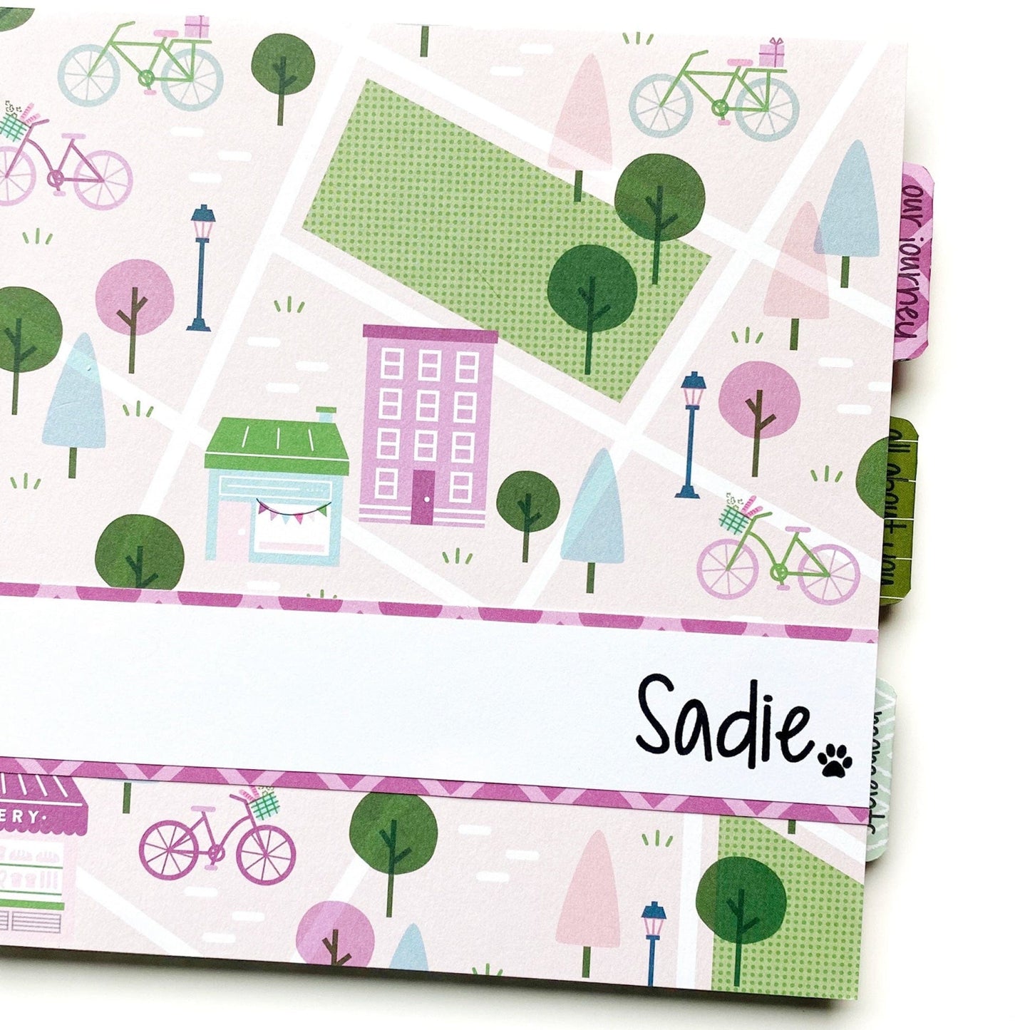 Dog Memory Book. Front cover is pink and purple with a city grid and parks.