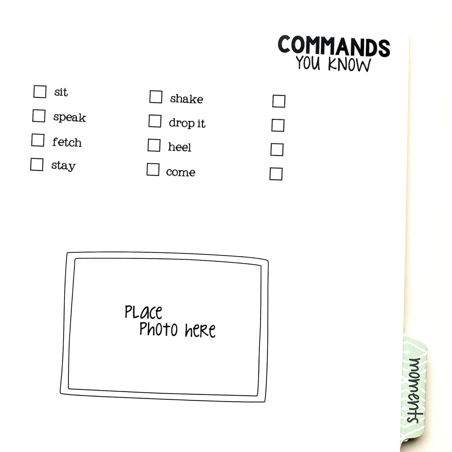Dog Memory Book page to write down the commands