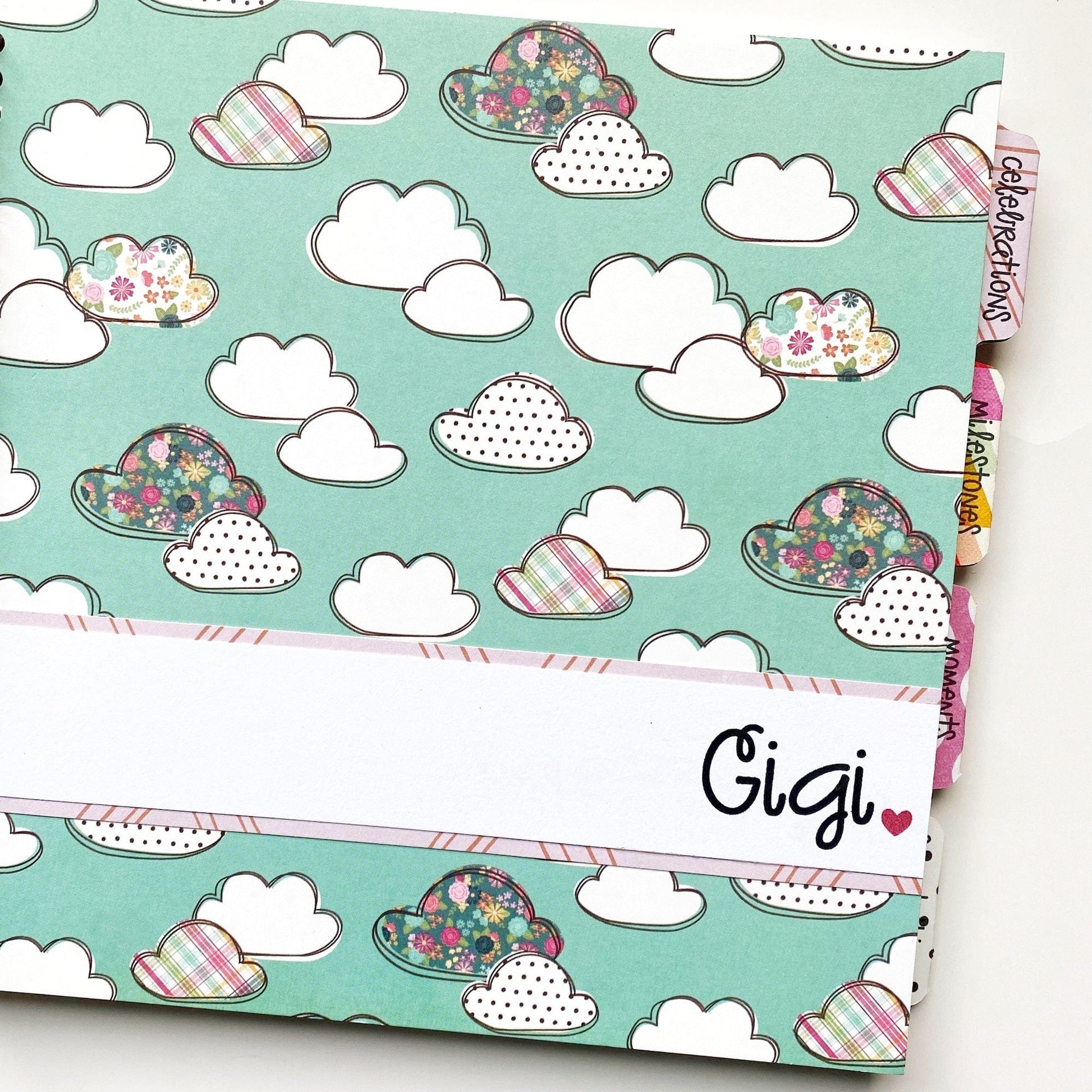 Foster Child Baby Book. Front cover is blue with floral and plaid clouds