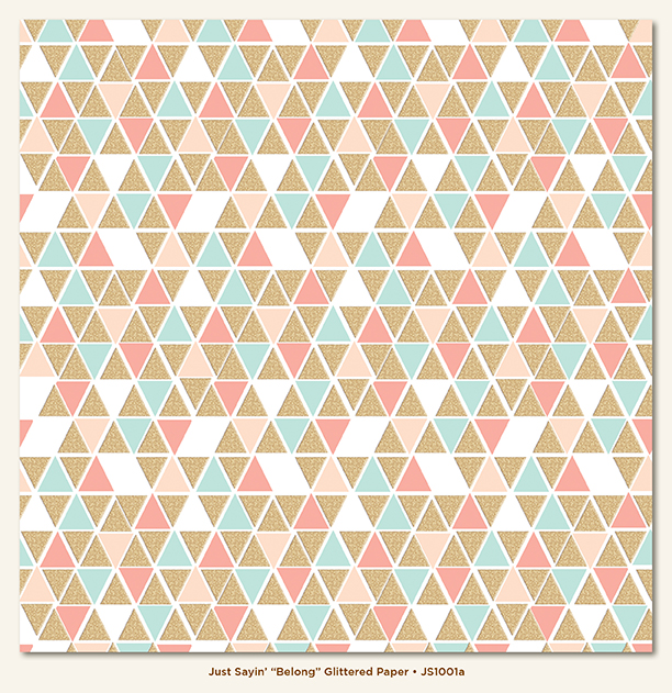 Geometric triangle pattern 12x12 scrapbook paper with gold, pink, and blue colors on a white background.