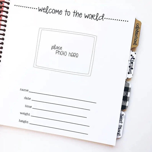 A welcome to the world page to record babys first photo as well as name, birthday, time, weight and height.