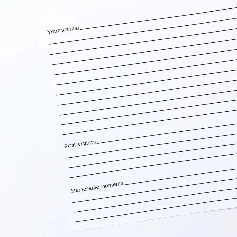 Lined journaling page to write down babys birth story, first visitors and other moments with baby.