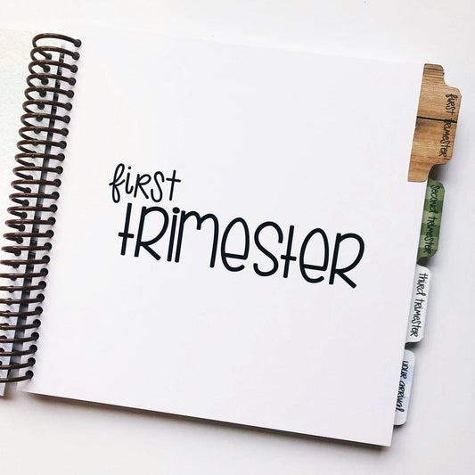 Pregnancy journal has tabbed divider pages, organized by trimester with a section for baby's arrival.