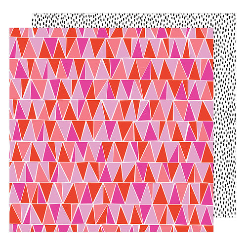 Pattern of pink and orange triangles on a white background with black dot border