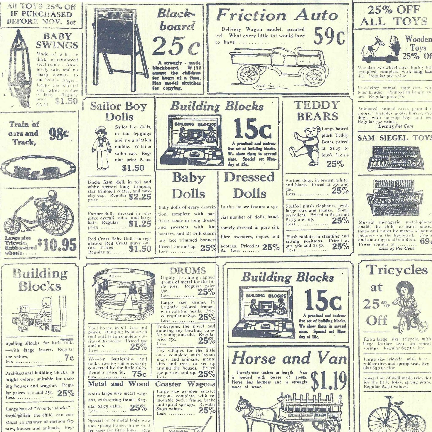 Vintage toy store advertisement with various toys and prices on a textured background