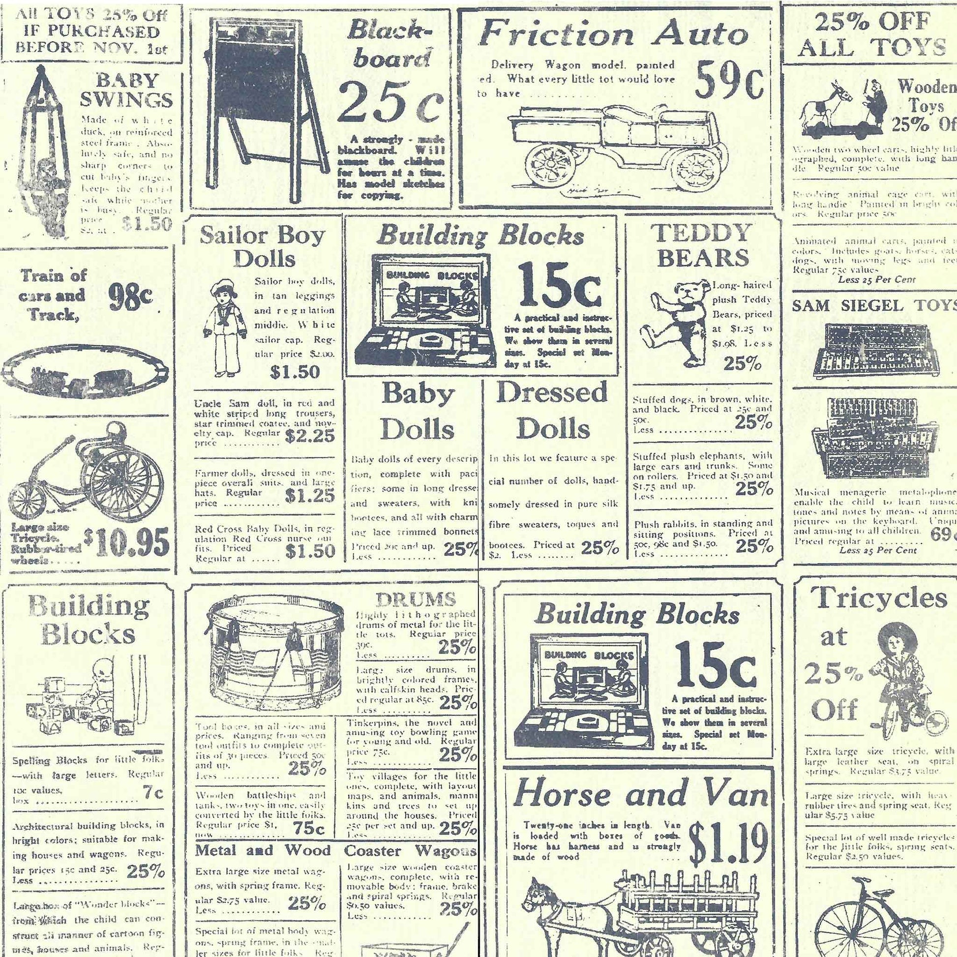 Vintage toy store advertisement with various toys and prices on a textured background