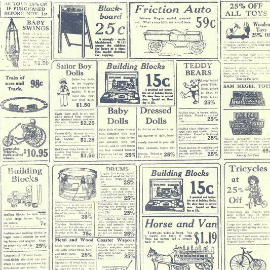 Vintage toy store advertisement with various toys and prices on a textured background
