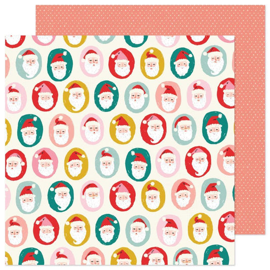 Patterned scrapbook paper with colorful Santa Claus faces on a white background