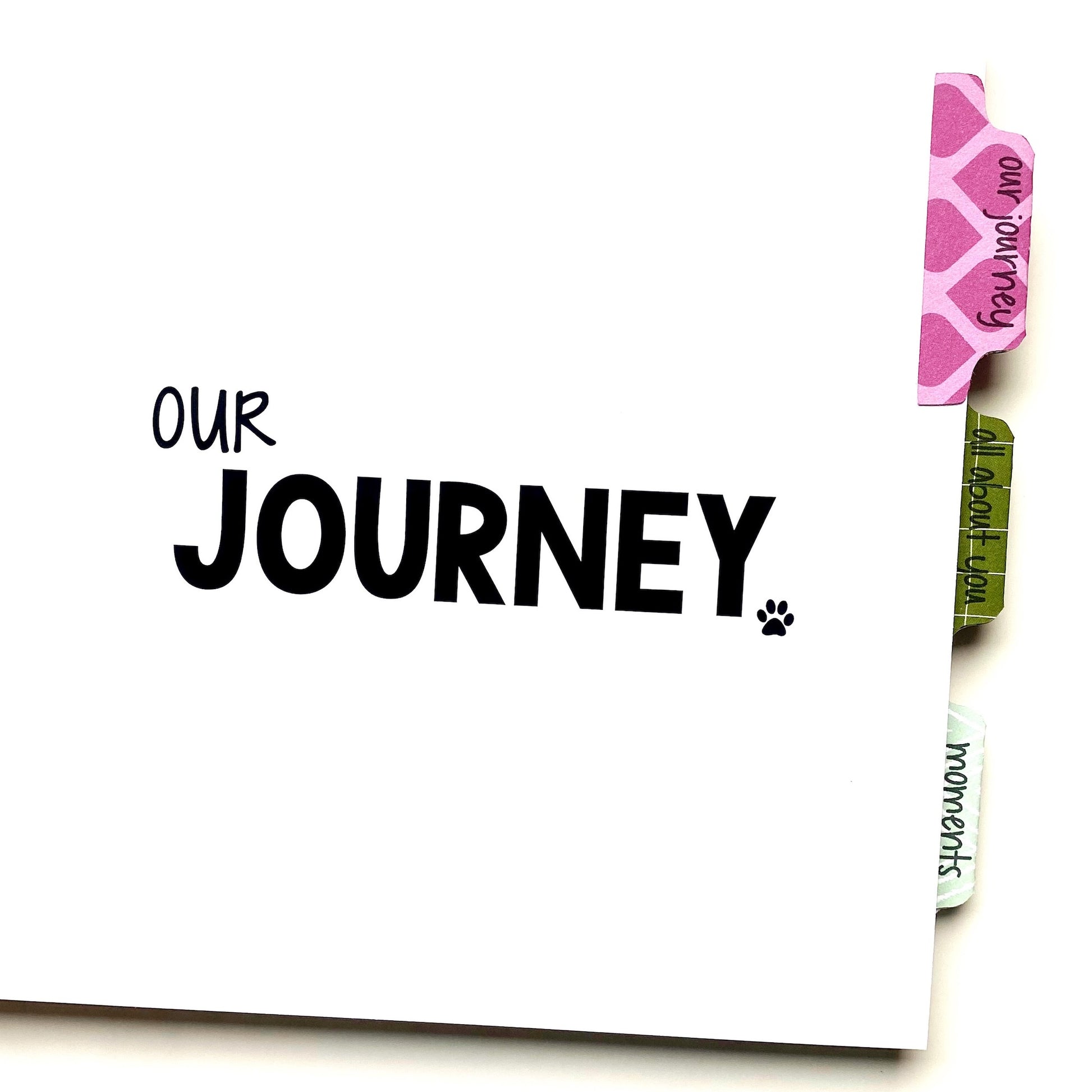Dog Memory Book is tabbed for three different sections. The sections are titled Our Journey, All About You and Moments.
