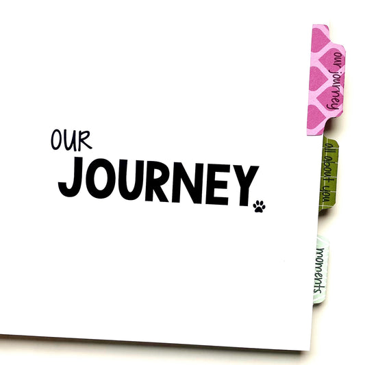 Dog Memory Book is tabbed for three different sections. The sections are titled Our Journey, All About You and Moments.