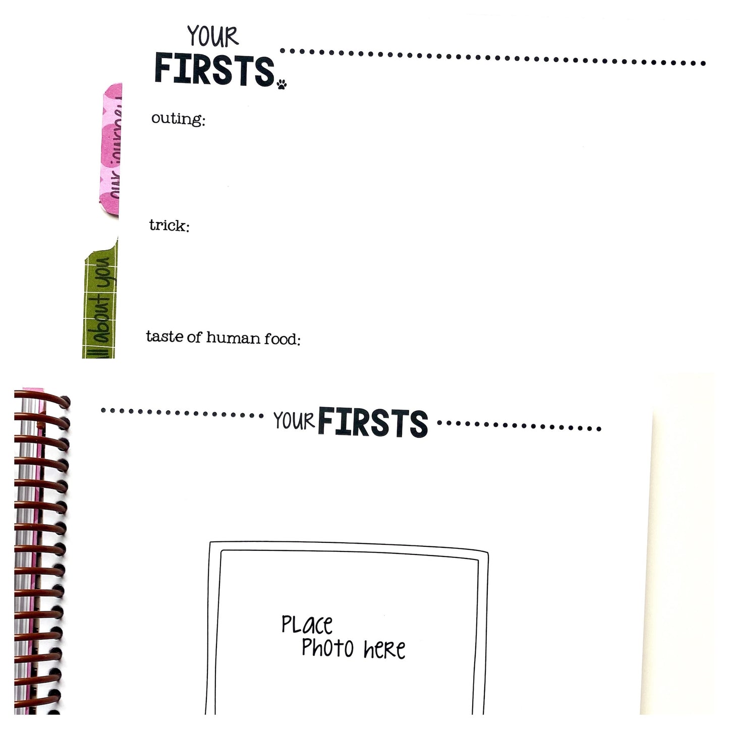 Journaling pages to write down all your dogs firsts. Photo pages for your dogs firsts