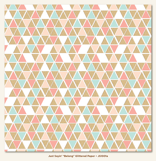 Geometric triangle pattern 12x12 scrapbook paper with gold, pink, and blue colors on a white background.