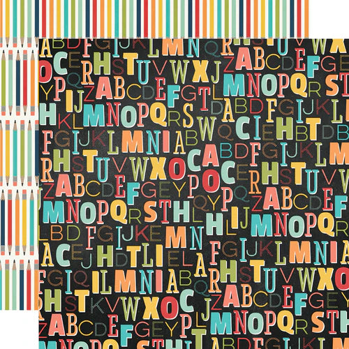 Colorful alphabet pattern on a black background with colorful pencil border