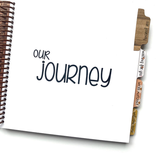 tabbed divider page that reads "our journey". 4 tabbed sections within the adoption journal