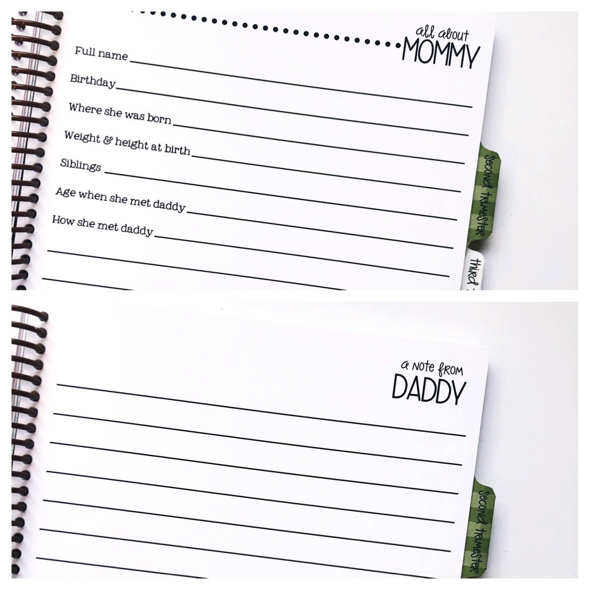 Pregnancy journal comes in single mom and two mom versions as well as traditional mommy and daddy version.