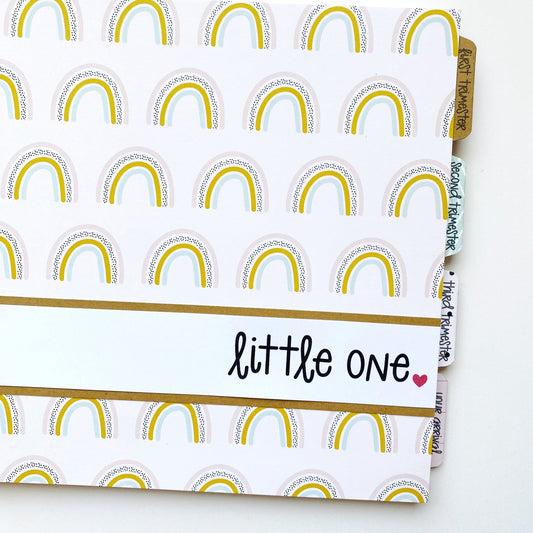 White Cover with muted rainbow print in light pink, blue, mustard yellow. Pregnancy journal for rainbow baby.